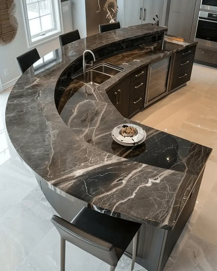 Custom crescent-form dual-tier dark stone island with espresso millwork, integrated beverage center, and large-format light stone tile flooring in a Tribeca penthouse, Manhattan — JMR Construction
